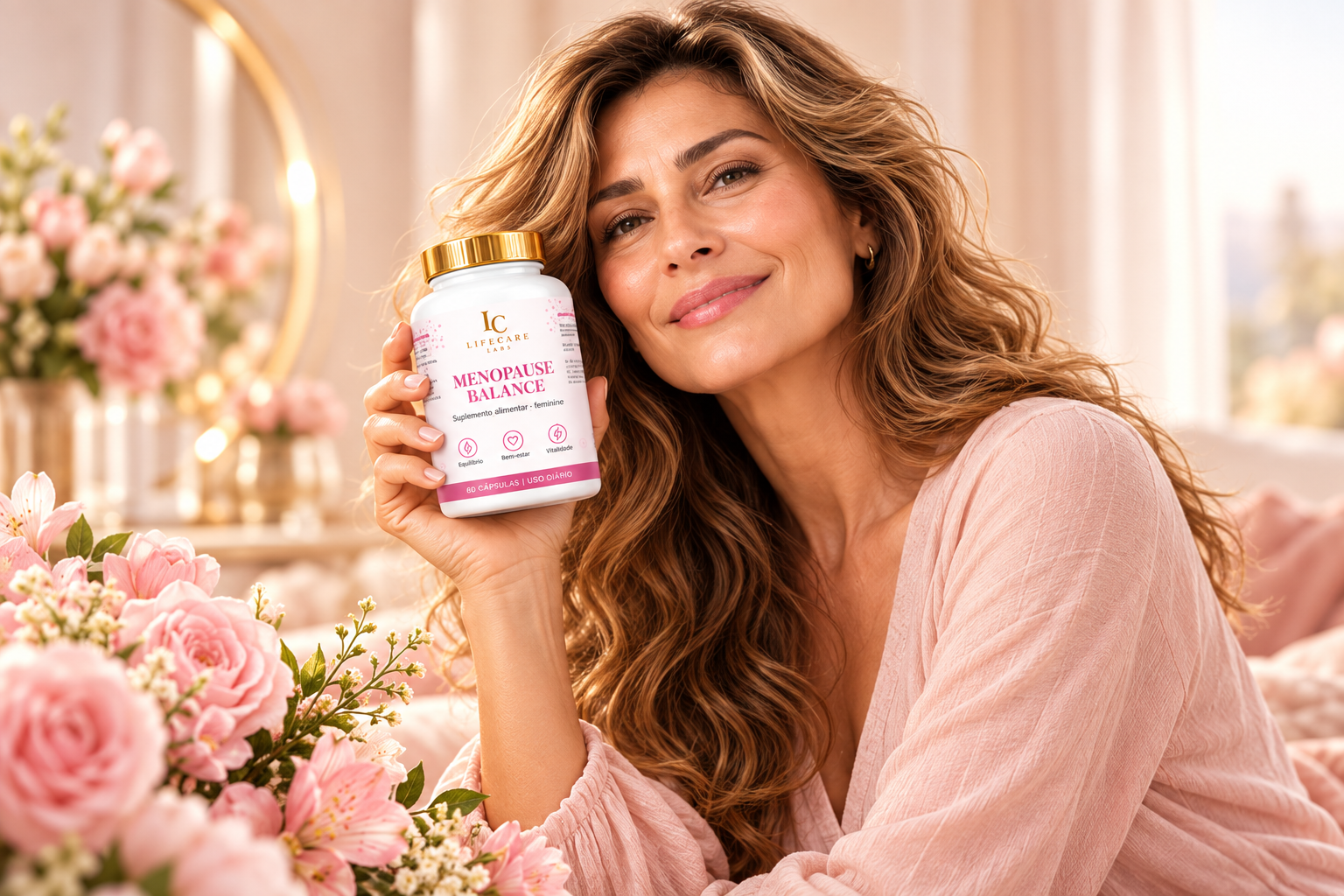 Produto Menopause Balance em destaque ao lado de uma mulher em ambiente acolhedor e elegante